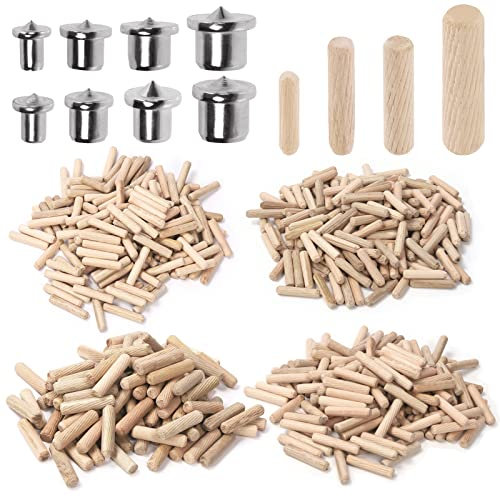 Swpeet Lot de 505 Goupilles Droites Rainurées en Bois - 4 Tailles (6,3 mm, 5,9 mm, 1,27 cm) Avec Point Central Cylindrique - Assortiment de Chevilles et Goupilles de Transfert
