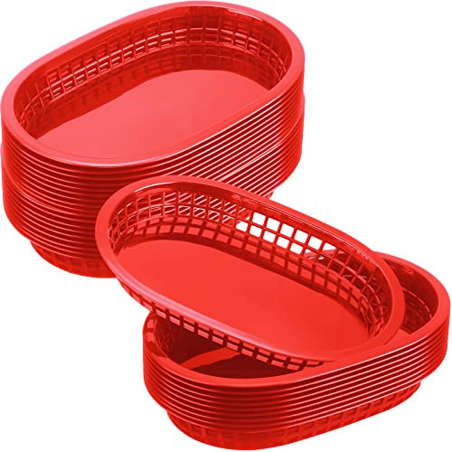 60 Pcs fast food basket for Serving 10.5 x 7 plastic Oval Retro Storage basket plates Bin Food Service Tray for Restaurant Chip Hot Dog Burger Sandwiches Picnic Party(Red)