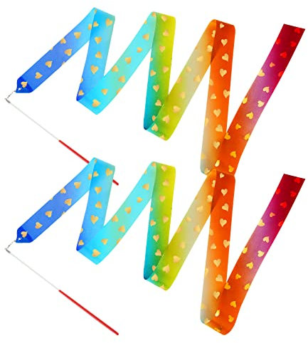 Abeillo 2pcs Rhythmic Dance Ribbons, 2M Gymnastics Ribbon Dancer Wand Dancing Ribbon Streamers for Kids, Fits Artistic Dancing Gymnastics, Circus Carnival Shows, Baton Stick Twirling
