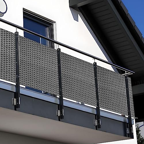 NYVI Polyrattan Balkon Sichtschutz Privafence 100x300 cm Hellgrau - Balkonbespannung mit Metallösen - UV-fest, Witterungsbeständig, 100% Blickdicht - Balkonumspannung Balkonumrandung 1x3 m