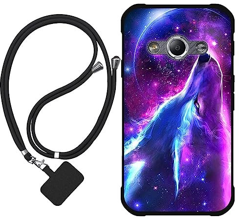 Sunrive Hülle Kompatibel mit Samsung Galaxy Xcover 3 Case,matt Handyhülle Schutzhülle Etui TPU Backcover (Wolf,Mond,Sterne) +1x Universale Handykette