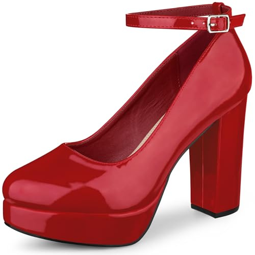 Allegra K Women's Platform Ankle Strap Chunky Heel Mary Janes Pumps | Mary Janes, Block Heel (4.3 Inches), Ankle Strap, Patent Leather, Women Dress Shoes, Back to School