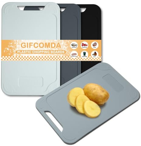 Gifcomda Tabla de cortar de plástico, juego de 4 tablas de cortar con pegatinas, asas de fácil agarre, antibacterianas, aptas para lavavajillas, para pescado/verduras/frutas/carne
