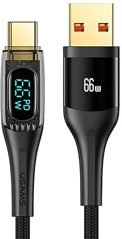 P4Y Cable USB tipo-C US-SJ592 con pantalla digital Velocidad de transferencia de datos de hasta 480 Mbps Corriente máxima 6A y potencia 66W Negro serie Shadow 1,2m.