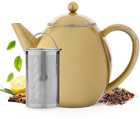 Vaja Trends | Tetera | acero inoxidable | acero inoxidable oro | doble pared | 1,2 l | no gotea | mantiene el té caliente durante mucho tiempo | incluye filtro | diseño bonito y funcional