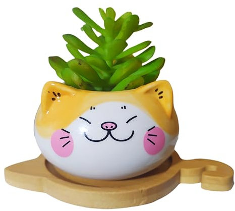 Cuteforyou Adorable pot de fleurs en céramique en forme de chat avec plateau en bambou (jaune)