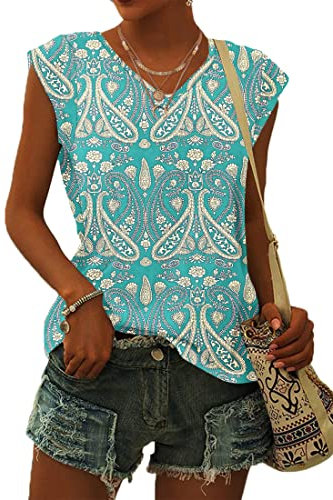 WNEEDU T-Shirt Damen Sommer V Ausschnitt Tank Top Locker Bluse Oberteile Top Sommer Damen Leicht und Luftig mit Flügelärmeln Boho Grün M