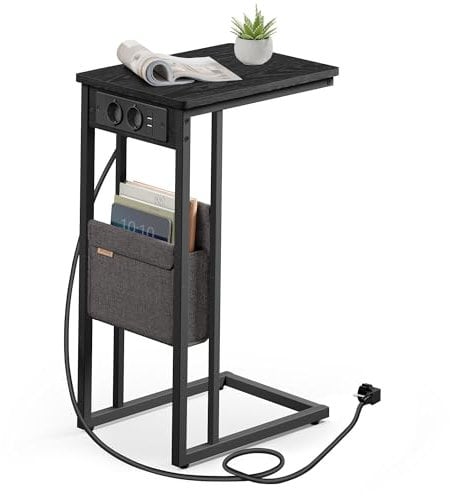 VASAGLE Beistelltisch, Sofatisch mit Ladestation, C Form, Couchtisch klein, Stofftasche, verstellbare Füße, Schlafzimmer, Wohnzimmer, 2 USB-Anschlüsse, 2 AC-Steckdosen, ebenholzschwarz LET356B02V1