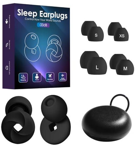 Sleep Earplugs Ear Plugs for Sleep - 33dB Noise Cancelling – Super Soft, Reusable Hearing Protection in Flexible Silicone for Noise Reduction & Flights - 8 Ear Tips in XS/S/M/L - Black, Extra Small