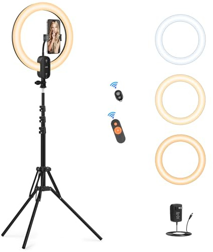 30,5 cm Selfie-Ringlicht mit 160 cm Stativständer/Handyhalter, QEUOOIY 18 W LED-Kreislichter dimmbar 3000–6500 K mit Fernbedienung, eingebauter 2800-mAh-Akku für Vlog, Make-up, YouTube, Kamera,