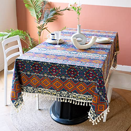 Menkala Tischdecke Boho Style Abwaschbar Bunt Blau Kariert Tischwäsche mit Quasten Baumwolle Leinen Landhausstil Vintage Rechteckige Tischtuch 140x180 Tischdeko für Home Küche Landhaus Speisetisch