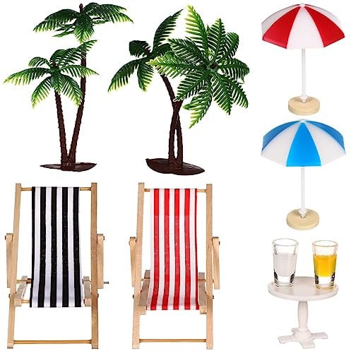 Miniature Beach Landscape Ornament Palm Trees Parasols Deckchairs Beverages Table Dolls House Furniture Beach Accessories