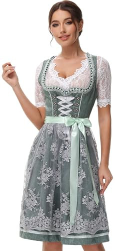 ELFIN Damen Midi Dirndl Elegante Trachtenkleid für Oktoberfest inkl. Spitzen Dirndlschürze, Edelgrün, 36