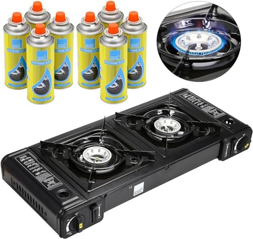 Dual Burner Portable Camping Stove - EN417 Compliant Premium Portable Butane Gas Camping Stove - Automatic Ignition and Heat Control - Dual Cast Aluminium (Stove + 8 Canisters)