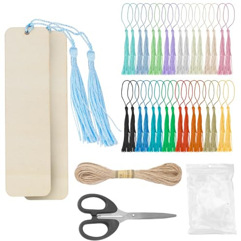 WPPQWP 66 Stück Blanko-Lesezeichen-Set, 32 Holz Blanko-Lesezeichen, 32 Bunte Quasten, 1 Stück 10m Schnur, 1 Schere, Lesezeichen Selbst Gestalten, Zum Basteln, Geschenke,Kinder
