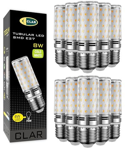 CLAR - E27 LED Lampe Stabform 8W Leuchtmittel E27, Energiesparlampe E27, LED Energiesparlampe, E27, Lampe Aussenbereich, LED Längliche Glühbirne E27 8W E27 Kaltweiß 6000ºK (Pack 10)