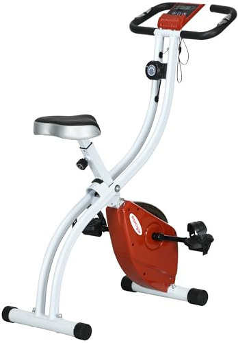 SPORTNOW Cyclette Magnetica Pieghevole a 8 Livelli di Resistenza con Monitor LCD, Cyclette da Casa con Seduta Regolabile, Supporto Tablet, Ruote, Sensore di Pulsazioni, in Acciaio, Rosso