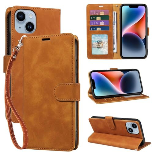 GOTOURED Phone Case for iPhone 14 Wallet, RFID Blocking 4 Card Slots, Wrist Strap, Kickstand, Magnetic Closure, Shockproof Protective Soft Leather Flip Cases Cover for iPhone 14 (Brown)