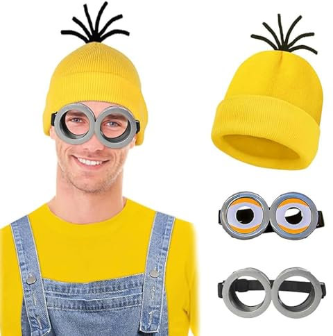 VIDSTW 3 Pezzi Accessori per Costume Minion Occhiali Steampunk Cappello Giallo Accessori Halloween Costume Adulti Bambini Costumi Cartoni Animati Adulti per Natale Halloween