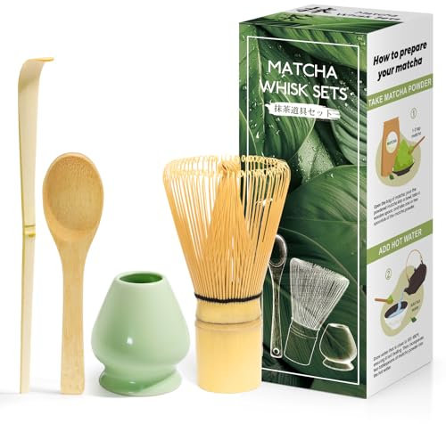4 Pezzi Kit Cerimonia Matcha Giapponese, Frusta Matcha in Bambù Naturale, Cucchiaio di Bambù, Paletta di Bambù, Porta Frusta, Set Matcha per la Cerimonia Del tè, il Drink - Blu celadon