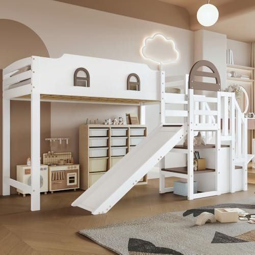 Lit superposé pour Enfant avec fenêtre 90x200 cm, avec Toboggan pour Enfants, escalier avec Rampe, 2 armoires de Rangement sur l'escalier, Design Flexible, pin + MDF, Blanc + Marron