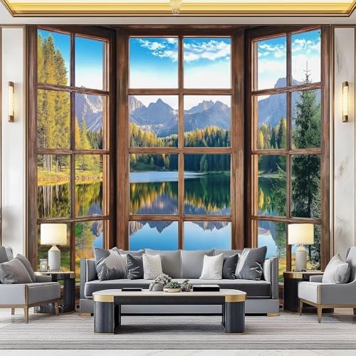 Papier Peint Panoramique Motif Lac Naturel Jungle Papier Peint Intissé Murale Chambre Salon Décoration 350 x 256 cm, Bleu