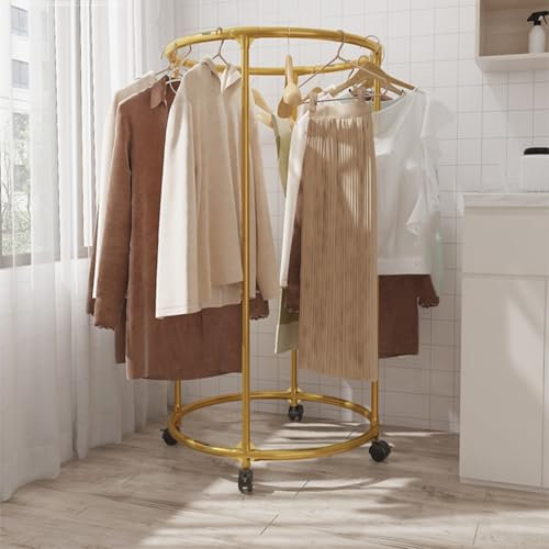 Laohucai Portant à vêtements Rond sur Pied avec roulettes, présentoir Portable pour vêtements de Vente au détail, idéal pour Les Chambres, Les boutiques et Les commerces (75 x 75 x 135 cm)(Gold)