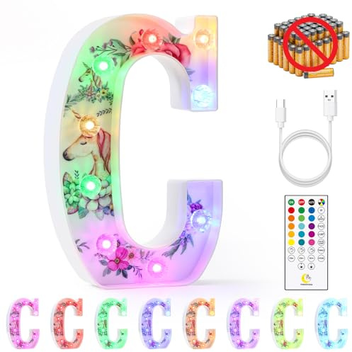mooncow Rechargeable Unicorn Light Up Letters，Durable Marquee Letters,Colorful Initial Night Light with Remote,Wall Decor,Bedroom Decor,Party Decoration,Gift Wrap Gifts (C)