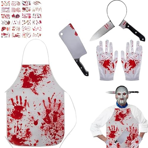 PTBWS Disfraz de Carnicero de Halloween 5 piezas, con Delantal Sangriento, Cuchillo Diadema, Guantes, Póquer Sangriento, Accesorio Sangriento Perfecto, para Disfraces y Fiestas Espeluznantes