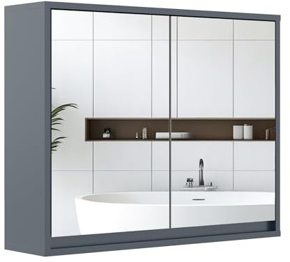 Multigot Bathroom Mirror Cabinet, Wall Mounted Storage Cupboard with Shelf, Living Room Display Organizer Unit (Smaller Double Door, Grey)