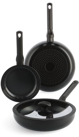 BK Enjoy Keramik-Antihaft-Pfannenset, 3-teilig, Ø 24/28 cm Bratpfannen & 28 cm Schmorpfanne, PFAS-frei, Induktionspfanne, Ofenfest, Spülmaschinenfest, Schnelle Erhitzung, Cool-Touch-Griffe, Schwarz