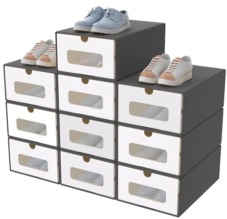 AufuN Schuhboxen aus Kraftpapier mit Deckel & Transparent Sichtfenster, Praktische Schuhaufbewahrung Aufbewahrungsbox Stauraum Organizer für Schuhe (Anthrazit, 10 Stück)