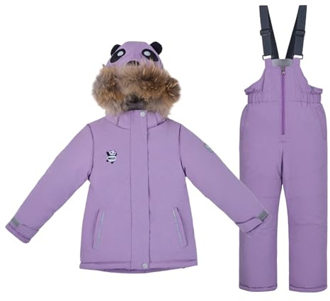 Tuta da neve per ragazze, 2 pezzi, con cappuccio, con panda e snowboard, antivento, impermeabile, piumino in pelliccia sintetica con cappuccio e pantaloni da neve