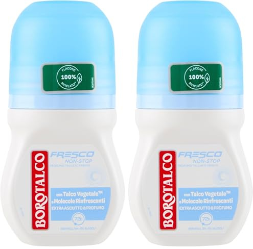 Borotalco, Deo Roll-On Fresco, Formel ohne Alkohol und mit Talkum mit aktiven Kristallen, dreifacher Trockenschutz, Duft von frischem Talkum, 48h Wirksamkeit - 1 Flasche mit 50 ml (Packung mit 2)