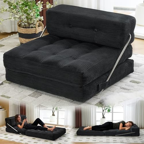 Mingone 3-in-1 Schlafsessel, Boneless Couch mit Bettfunktion Schwarz | Bodensofa für Wohnzimmer/Schlafzimmer/Büro/Gästezimmer/Kino, 80x80 bis 185x80 cm, Cordstoff
