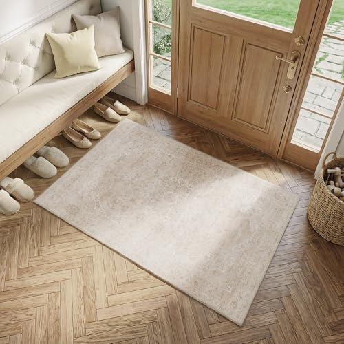 Beauoop Entryway Rug Washable Beige Neutral Door Mat 60x90 cm Vintage Distressed Non Slip Low Pile Indoor Carpet Soft Retro Small Thin Throw Area Rugs for Entry Way Bedroom Kitchen Bathroom Laundry