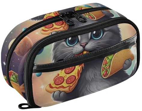 RPLIFE Estuche para lápices de gran capacidad para estudiantes, lindo gato, pizza, taco, estuche organizador de papelería con múltiples compartimentos con bolsillo de PVC transparente