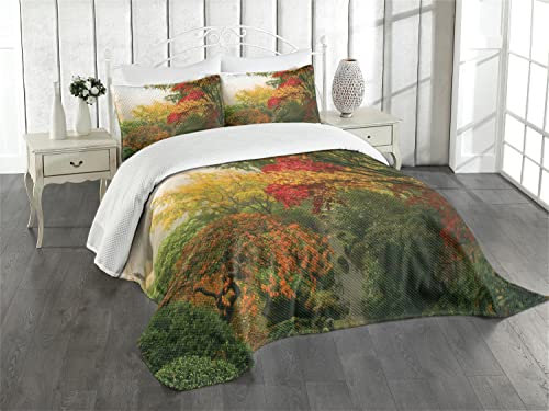 ABAKUHAUS Land Tagesdecke Set, Portland Japan Garten, Set mit Kissenbezügen Waschbar, für Einzelbetten 170 x 220 cm, Gelb Grün Orange
