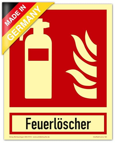 Schild Feuerlöscher | extra langnachleuchtend | PVC selbstklebend 200x250mm | mit Schriftzug Feuerlöscher | DIN EN ISO 7010 F001 | DIN 67510 (Brandschutzzeichen) Dreifke® extra 160