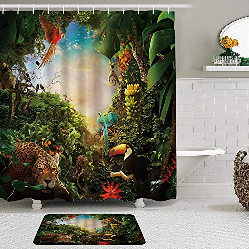 LISNIANY 2 Pcs Ensemble Rideau de Douche Salle de Bain Tapis，Tropical Rainforest Wildlife Bird Leopard Perroquet Avian Berry Jungle Fantasy Biomes Nature,Rideau de Douche antidérapant et étanche