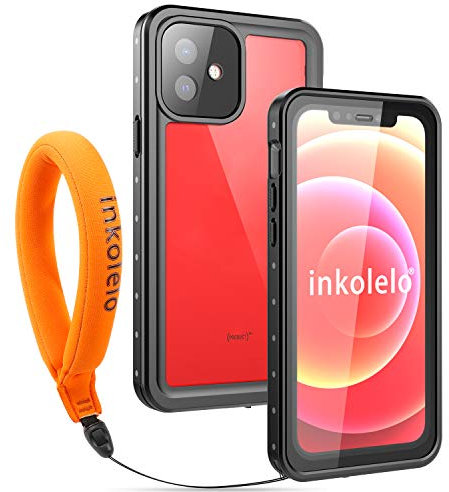 inkolelo für iPhone 12 wasserdichte Hülle, 360 Grad Schutzhülle Unterwasser Handyhülle mit Schwimmender Schlüsselband, IP68 Wasserdicht Staubdicht Stoßfest Handytasche 6,1 (Schwarz/Orange)