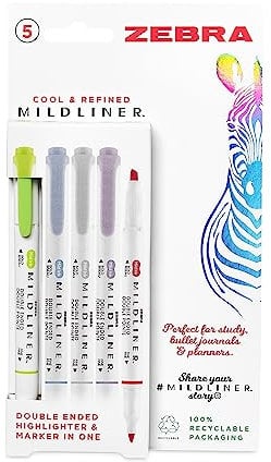 Zebra Pen MILDLINER Textmarker, Doppelspitzen-Textmarker für Erwachsene, Breite und feine Spitze, 5 Stück, Cool und raffiniert