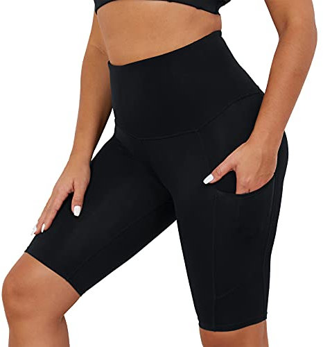COOLOMG Damen Kurze Laufhose Yoga Shorts mit Taschen Radlerhose Sporthose Gym Fitness Workout Schwarz M