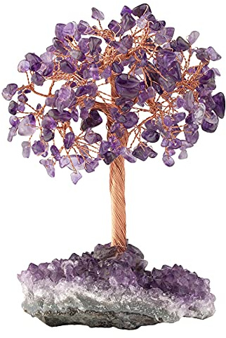 mookaitedecor Natürlicher Kristall Baum mit Amethyst Cluster Basis | Amethyst Draht Lebensbaum, Edelstein Geld Baum Figuren Dekoration, Glücksbringer für Tischdekoration