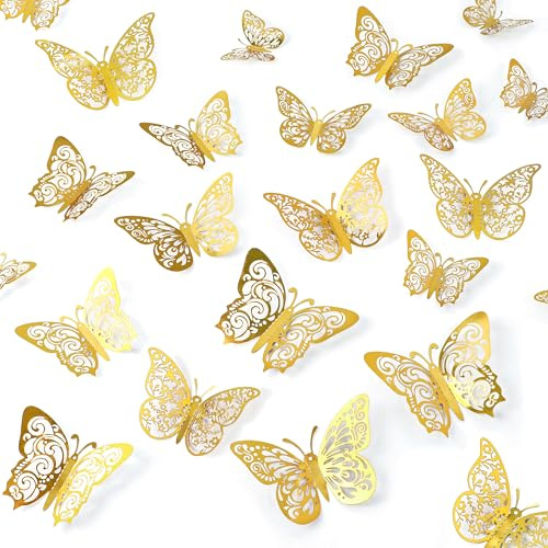 72 Pcs Gold Butterfly Decorations, Wall Decor, 3 Sizes 3 Styles