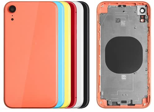 SRJTEK Carcasa de batería para iPhone XR de repuesto para puerta trasera A2105 con marco medio chasis cubierta trasera con marco compatible con A1984, A2107, A2108, A2106 (naranja con lente)