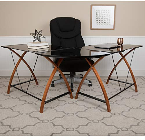 EMMA + OLIVER Black Glass L-Shape Corner Computer Desk with Pull-Out Keyboard Tray