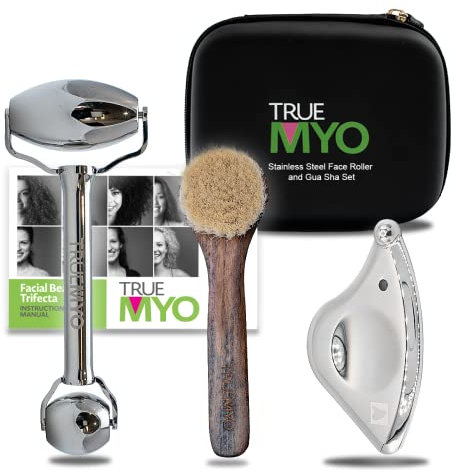 Gua Sha Gesichtswerkzeuge Beauty Trifecta mit Edelstahl Gesichtsroller Massagegerät, Trockenbürste, Upgrade von Ihrem Jade Roller Stone Guasha Tool, Beauty Tools Zubehör (Beauty Trifecta)