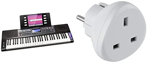 Clavier de piano 61 touches RockJam avec Pitch Bend, alimentation, support de partition, autocollants pour notes de piano et leçons Simply Piano& Electraline Adaptateur de voyage UK vers France, blanc