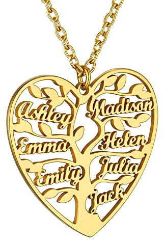 Collier 7 Prenom Personnalisé Coeur Arbre de Vie des Enfants pour Maman Pendentif Personnaliser Fetes des Meres Memoire des Membres Généalogique Chaine Rolo Acier Inoxydable 50 cm Reglable